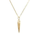 14kt Gold and diamond dagger/spike pendant on a white background