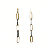 Gold and black chain earrings on a white background