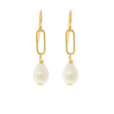 A pair of gold-filled pearl drop earrings with a single pearl at the end of each earring, on a white background.