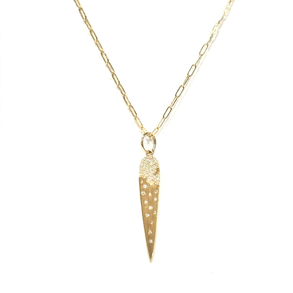 14kt Gold and diamond dagger/spike pendant on a white background