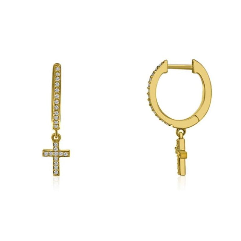 DIAMOND CROSS DROP 14kt GOLD HUGGIES