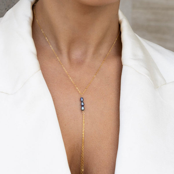 Trio Pearl Drop Lariat - Peacock